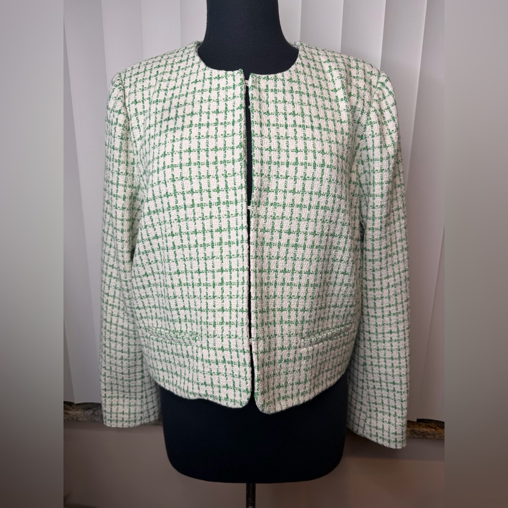 Wayf Women's Green White Tweed Jacket 3 Hook Closure Blazer Size Large